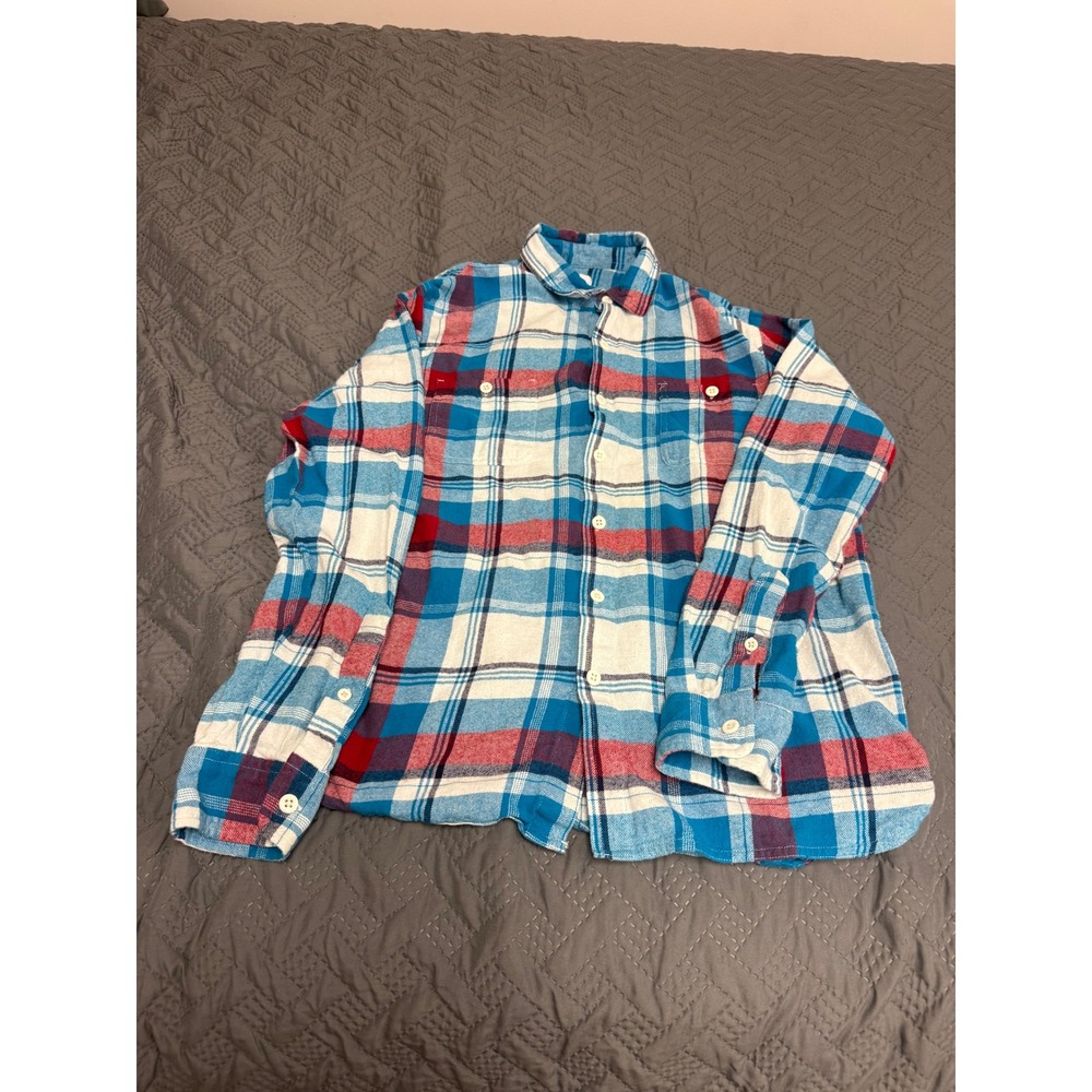 True Craft Mens Blue Red Plaid Flannel Button Down Shirt Size L Long Sleeve